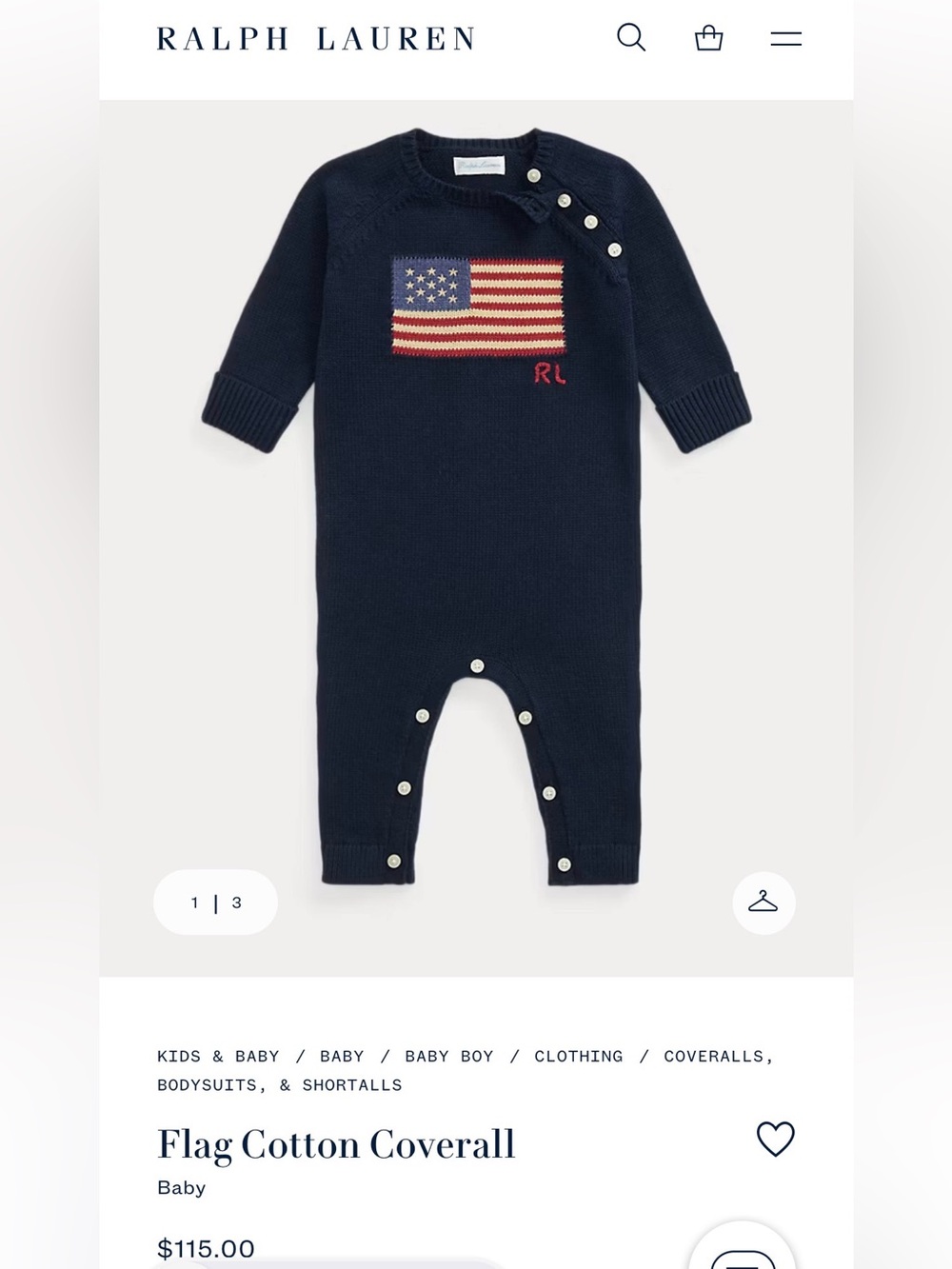 Ralph Lauren Navy Knit Flag Baby Coverall
